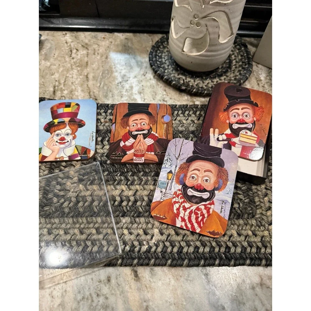 Vintage Coasters RED SKELETON Freddies Birthday Clowns RARE 4pc Cork Back